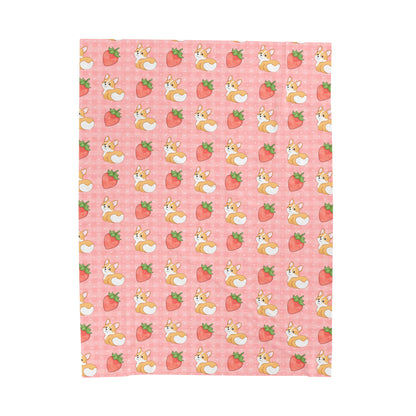 Corgi Butt and Strawberries Pink Gingham and Hearts Velveteen Plush Blanket