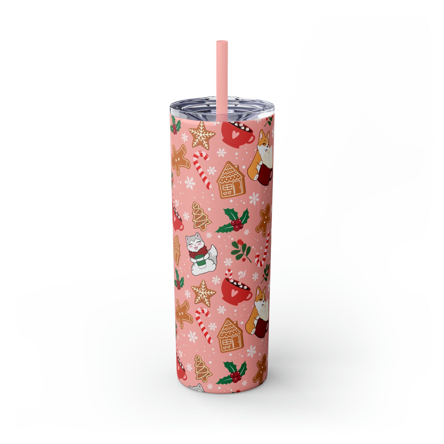 Kitty and Corgi Cocoa and Gingerbread Christmas - Skinny Tumbler with Straw, 20oz