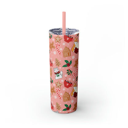 Kitty and Corgi Cocoa and Gingerbread Christmas - Skinny Tumbler with Straw, 20oz