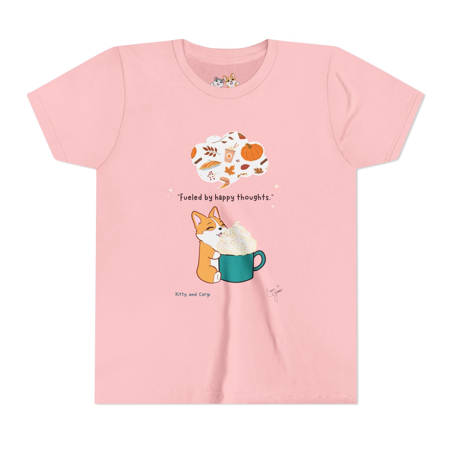Youth Tee — Corgi loves Autumn - Fueled by Happy Thoughts - Unisex Youth/ Children's Graphic Tee