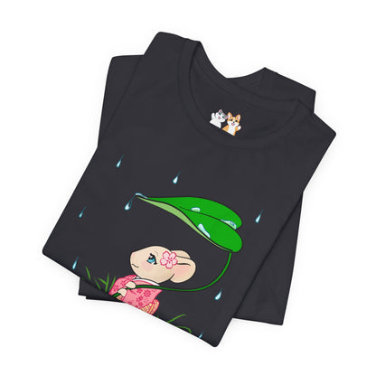 Sakura Mousie with a Leaf Umbrella on a Rainy Day - Super Soft Cotton Airlume Unisex T-Shirt (Large Graphic)