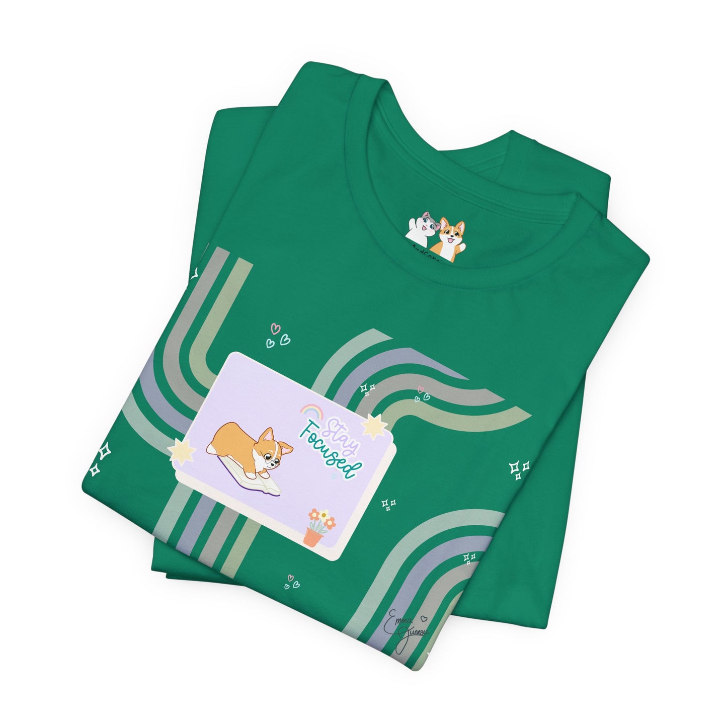 Corgi - Groovy Series - Stay Focused - Super Soft Cotton Airlume Unisex T-Shirt (Horizontal Graphic)