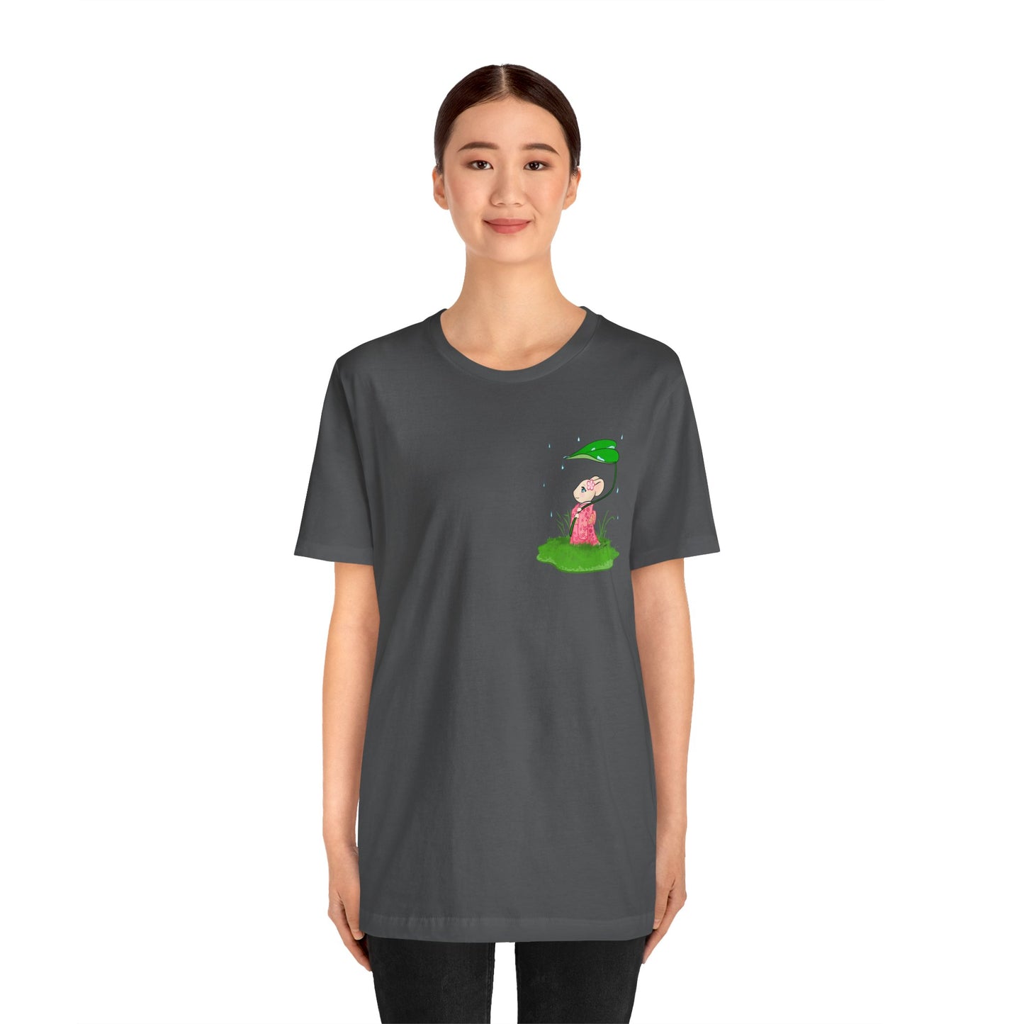 Sakura Mousie with a Leaf Umbrella on a Rainy Day - Super Soft Cotton Airlume Unisex T-Shirt (Small Pocket Graphic)