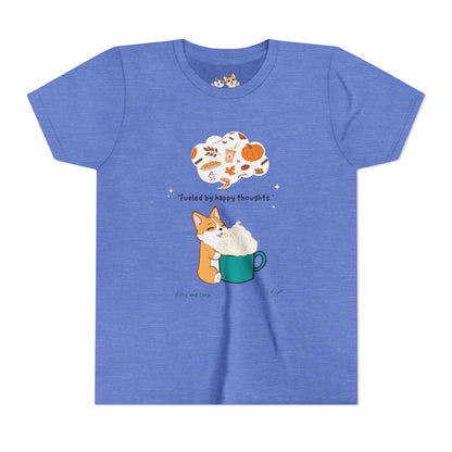 Youth Tee — Corgi loves Autumn - Fueled by Happy Thoughts - Unisex Youth/ Children's Graphic Tee