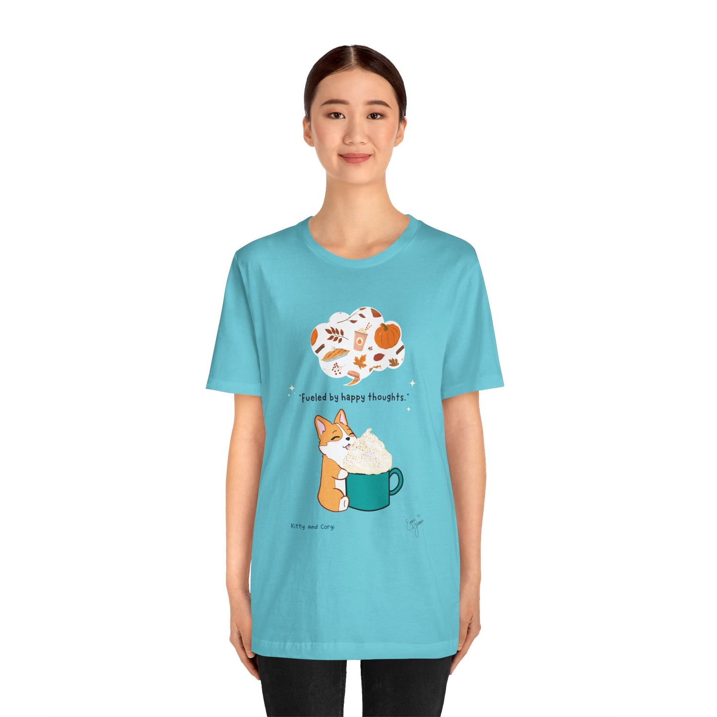Corgi is Fueled by Happy Thoughts of Fall and Pumpkin Spice - Super Soft Cotton Airlume Unisex T-Shirt (Large Graphic)