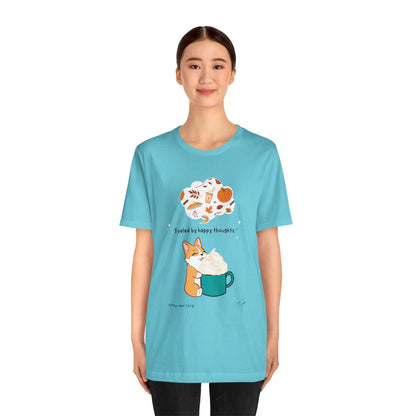 Corgi is Fueled by Happy Thoughts of Fall and Pumpkin Spice - Super Soft Cotton Airlume Unisex T-Shirt (Large Graphic)