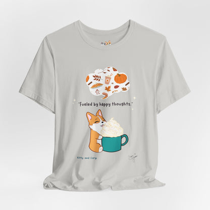 Corgi is Fueled by Happy Thoughts of Fall and Pumpkin Spice - Super Soft Cotton Airlume Unisex T-Shirt (Large Graphic)