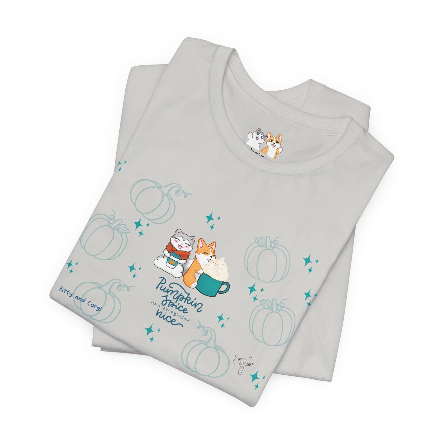Kitty and Corgi - Pumpkin Spice and Everything Nice - Super Soft Cotton Airlume Unisex T-Shirt (Large Front Graphic)