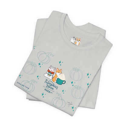 Kitty and Corgi - Pumpkin Spice and Everything Nice - Super Soft Cotton Airlume Unisex T-Shirt (Large Front Graphic)