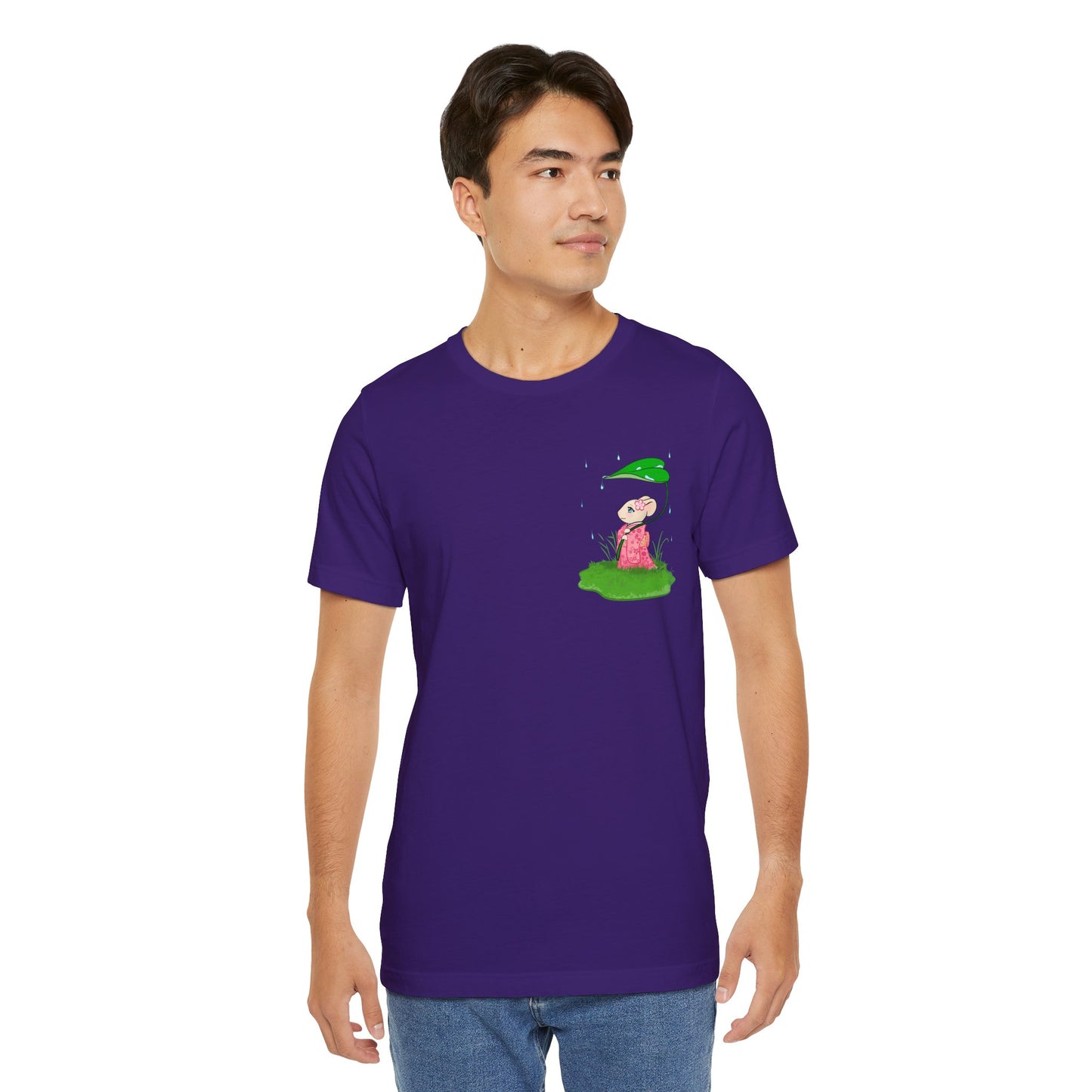 Sakura Mousie with a Leaf Umbrella on a Rainy Day - Super Soft Cotton Airlume Unisex T-Shirt (Small Pocket Graphic)