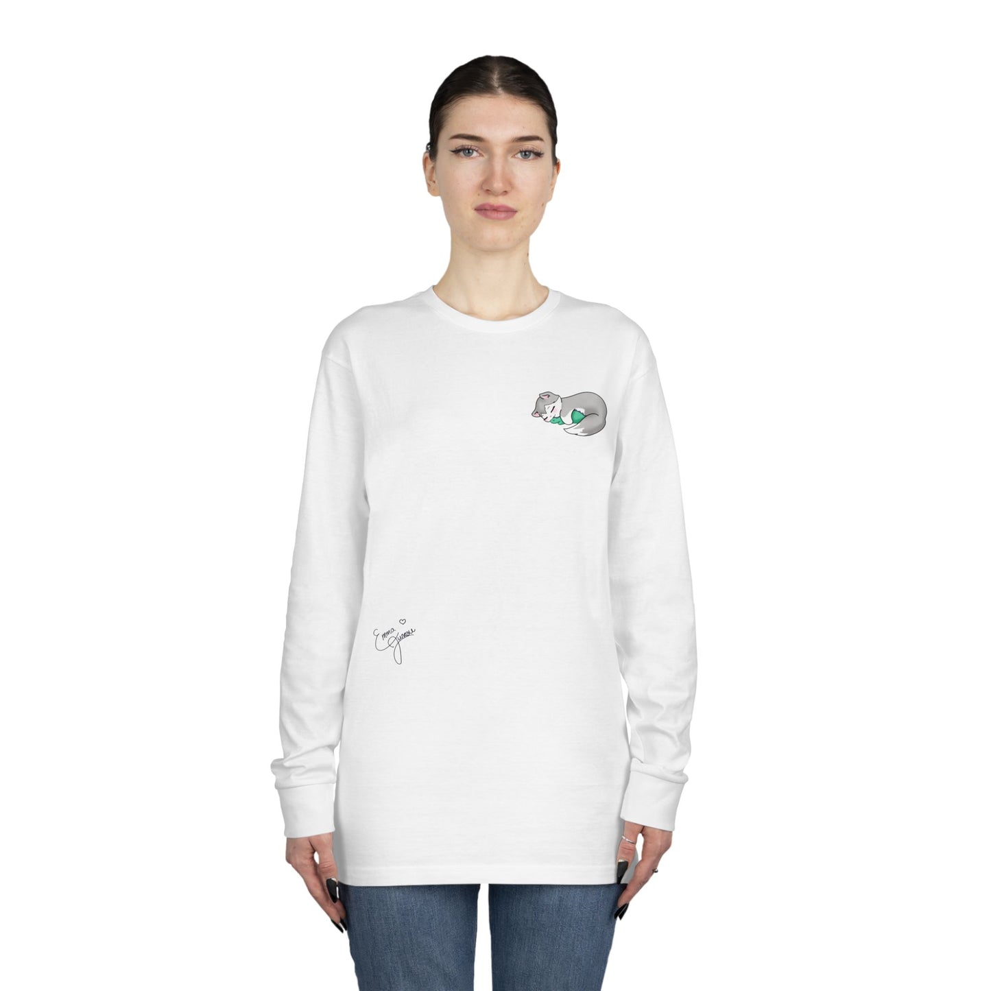 Sleepy Kitty snuggled up with her favorite Dino Plushie - Unisex Graphic Long Sleeve Tee
