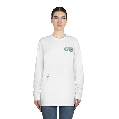 Sleepy Kitty snuggled up with her favorite Dino Plushie - Unisex Graphic Long Sleeve Tee