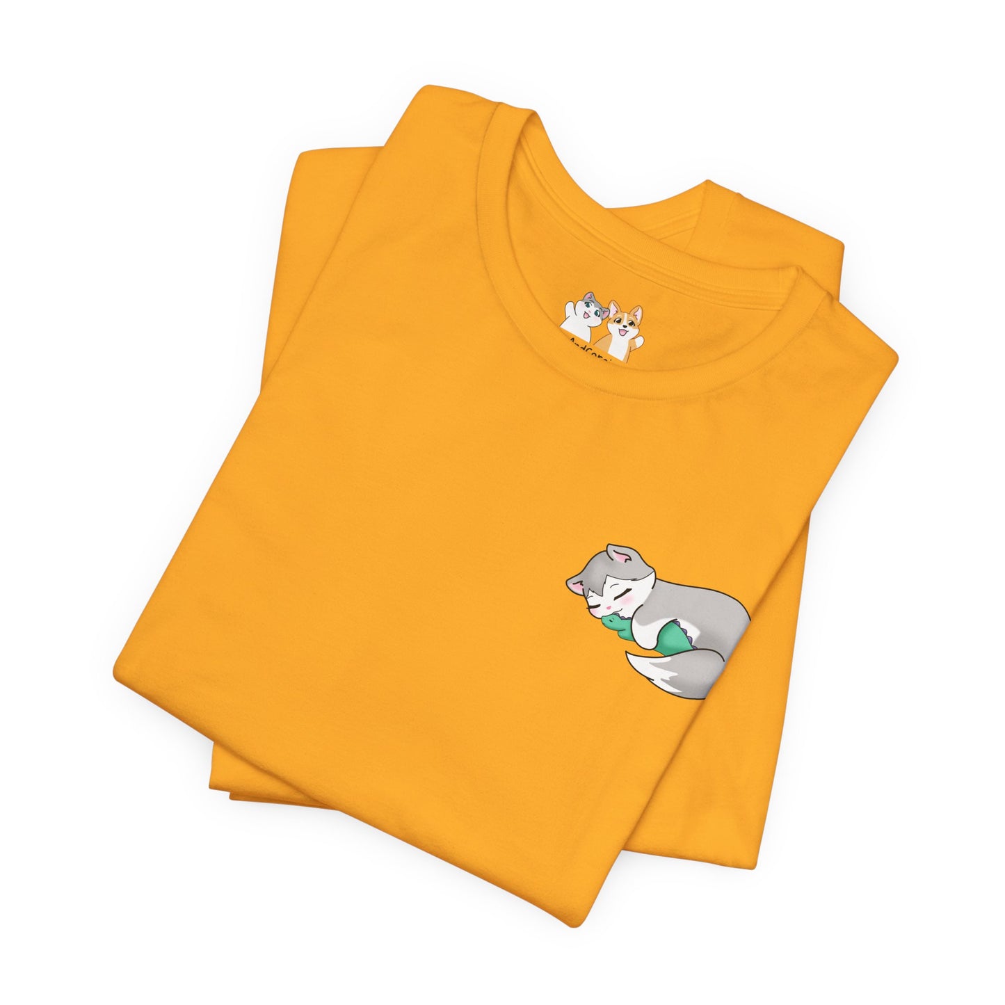Kitty and Corgi — Sleepy Kitty Snuggling Her Dino Plushie — Super Soft Cotton Airlume Unisex T-Shirt