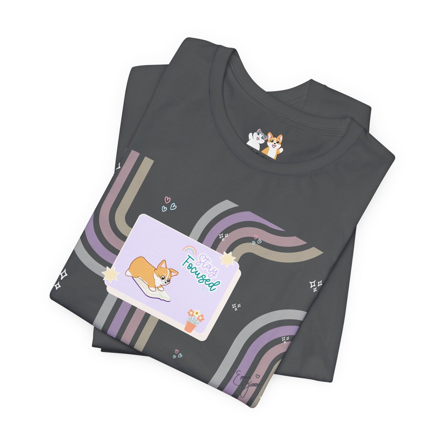 Corgi - Groovy Series - Stay Focused - Super Soft Cotton Airlume Unisex T-Shirt (Horizontal Graphic)