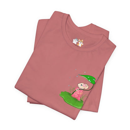 Sakura Mousie with a Leaf Umbrella on a Rainy Day - Super Soft Cotton Airlume Unisex T-Shirt (Small Pocket Graphic)