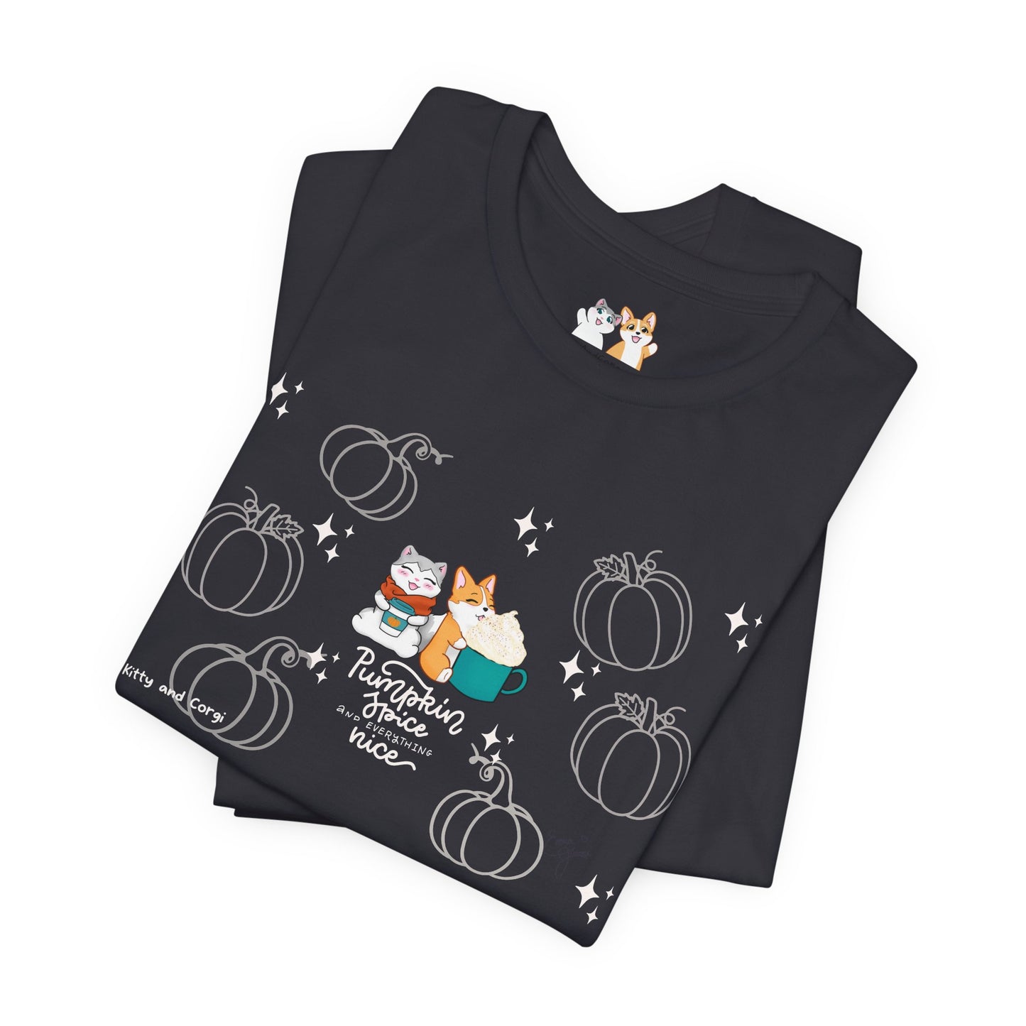 Kitty and Corgi - Pumpkin Spice and Everything Nice - Super Soft Cotton Airlume Unisex T-Shirt (Large Front Graphic)