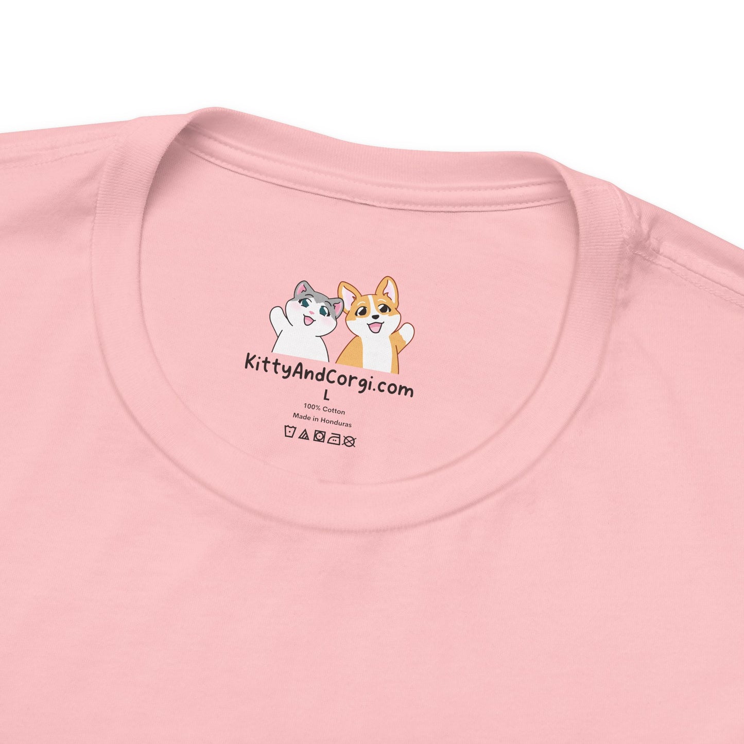 Kitty and Corgi — Sleepy Kitty Snuggling Her Dino Plushie — Super Soft Cotton Airlume Unisex T-Shirt