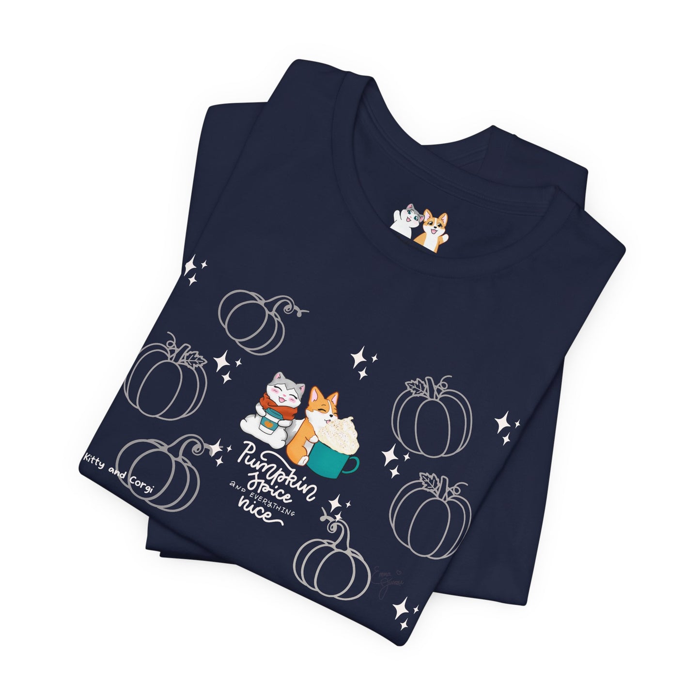 Kitty and Corgi - Pumpkin Spice and Everything Nice - Super Soft Cotton Airlume Unisex T-Shirt (Large Front Graphic)