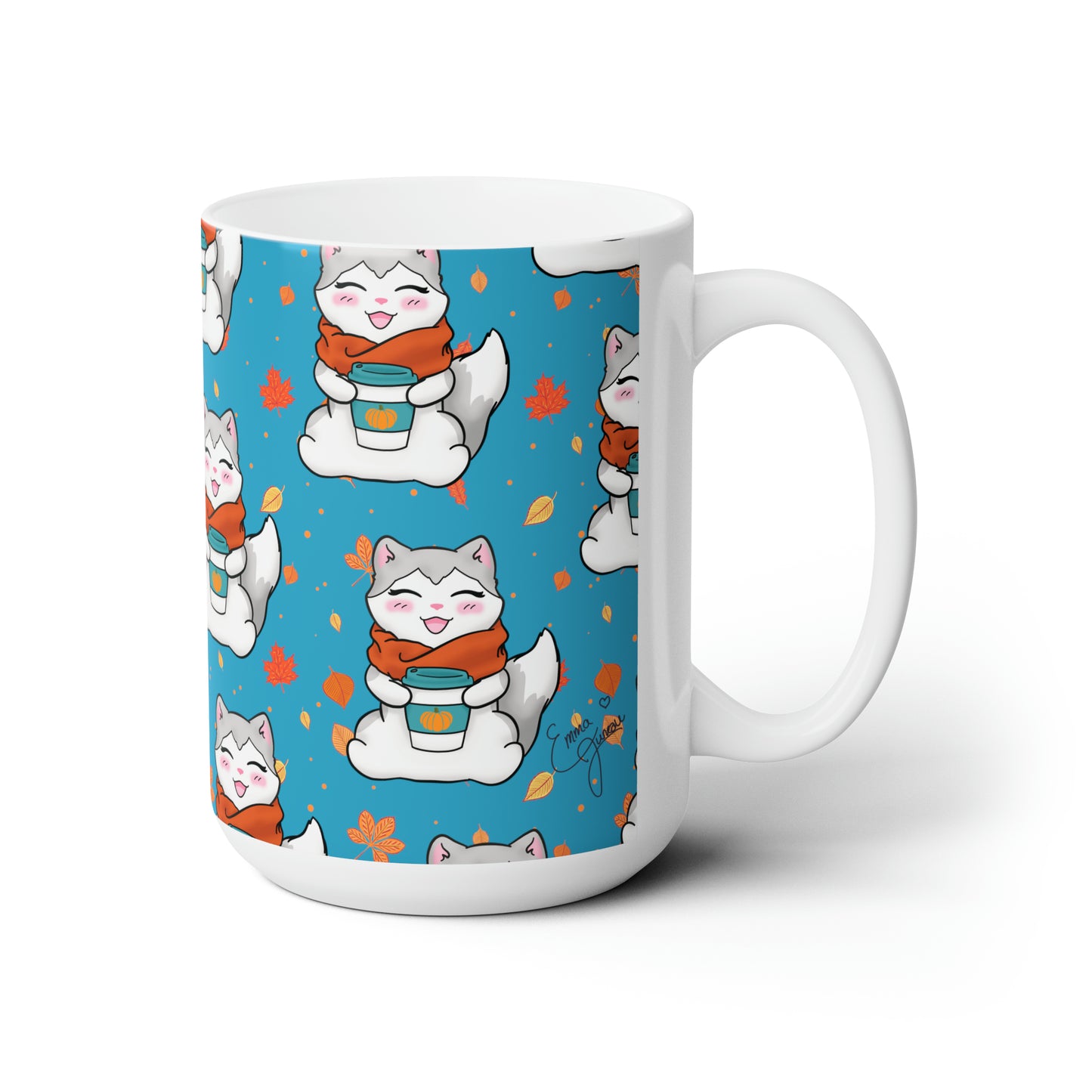 Kitty loves her seasonal Fall drinks! - Turquoise patterned mug - 15oz