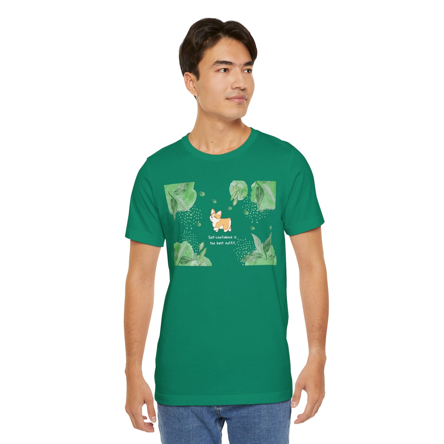 Corgi - Confidence is the Best Outfit - Super Soft Cotton Airlume Unisex T-Shirt (Horizontal Graphic)
