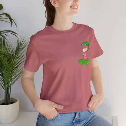 Sakura Mousie with a Leaf Umbrella on a Rainy Day - Super Soft Cotton Airlume Unisex T-Shirt (Small Pocket Graphic)