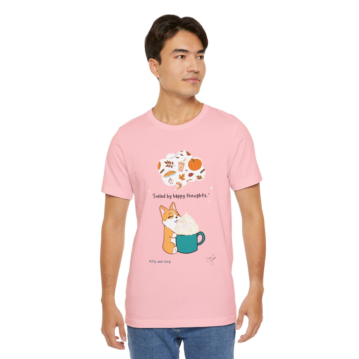 Corgi is Fueled by Happy Thoughts of Fall and Pumpkin Spice - Super Soft Cotton Airlume Unisex T-Shirt (Large Graphic)