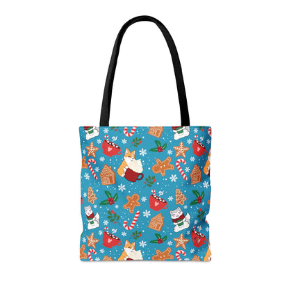 Kitty and Corgi Cocoa and Gingerbread Patterned Turquoise Tote Bag