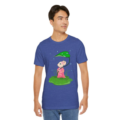 Sakura Mousie with a Leaf Umbrella on a Rainy Day - Super Soft Cotton Airlume Unisex T-Shirt (Large Graphic)