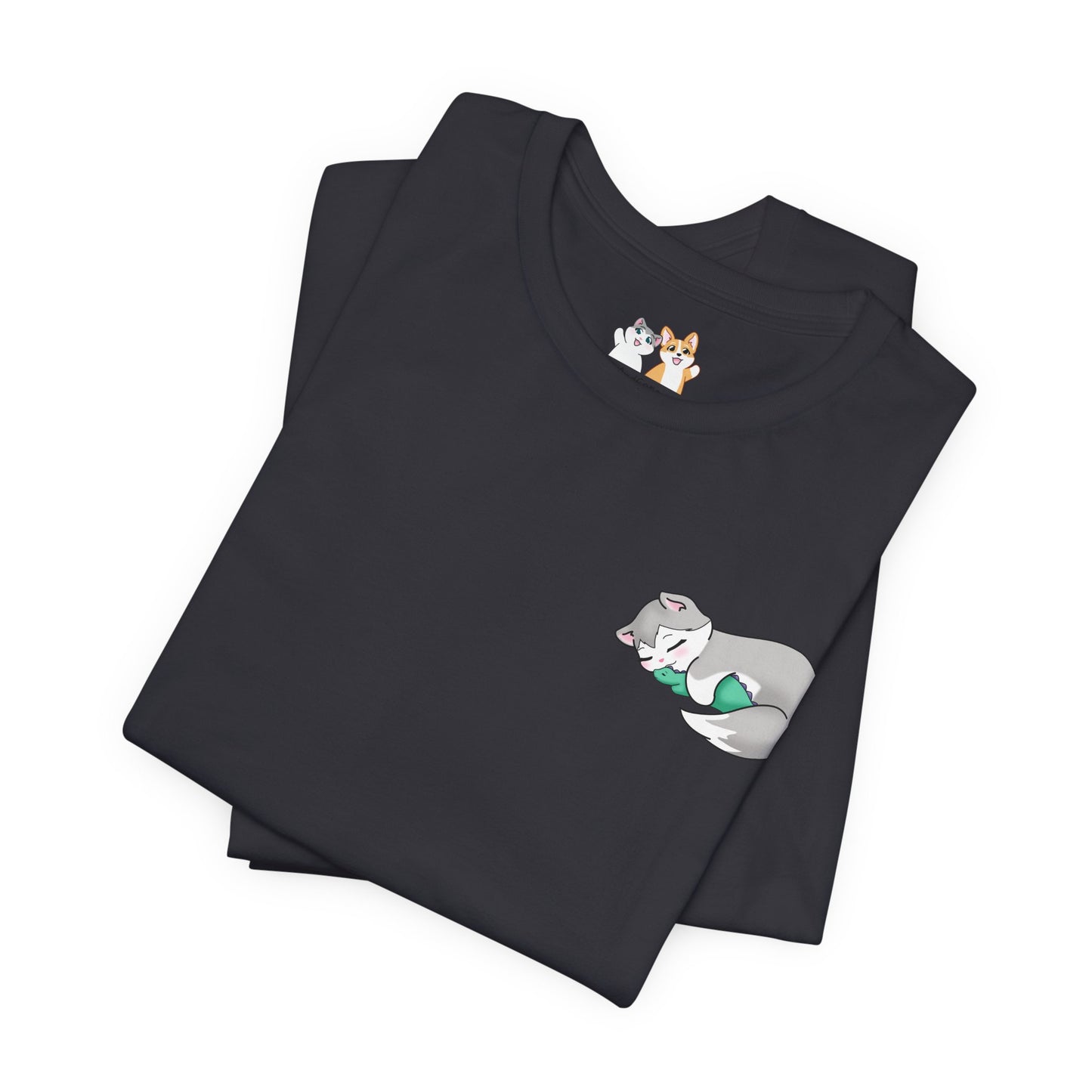 Kitty and Corgi — Sleepy Kitty Snuggling Her Dino Plushie — Super Soft Cotton Airlume Unisex T-Shirt