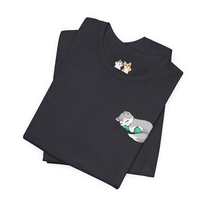 Kitty and Corgi — Sleepy Kitty Snuggling Her Dino Plushie — Super Soft Cotton Airlume Unisex T-Shirt