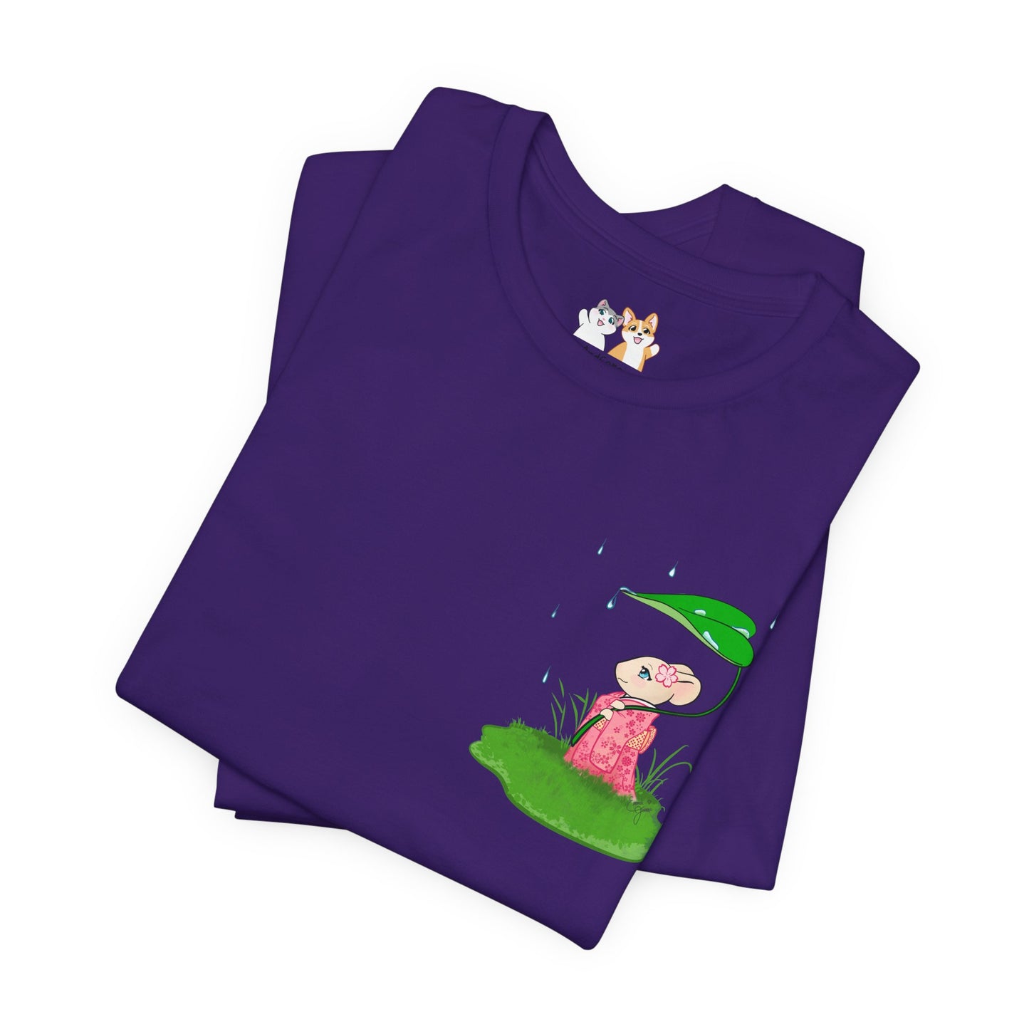 Sakura Mousie with a Leaf Umbrella on a Rainy Day - Super Soft Cotton Airlume Unisex T-Shirt (Small Pocket Graphic)