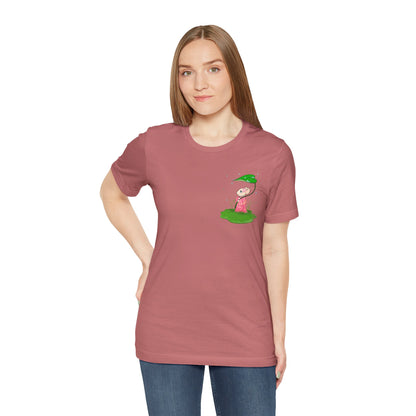 Sakura Mousie with a Leaf Umbrella on a Rainy Day - Super Soft Cotton Airlume Unisex T-Shirt (Small Pocket Graphic)