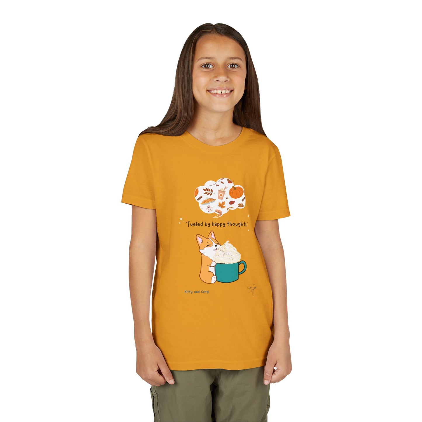 Youth Tee — Corgi loves Autumn - Fueled by Happy Thoughts - Unisex Youth/ Children's Graphic Tee