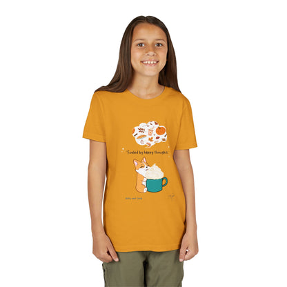 Youth Tee — Corgi loves Autumn - Fueled by Happy Thoughts - Unisex Youth/ Children's Graphic Tee