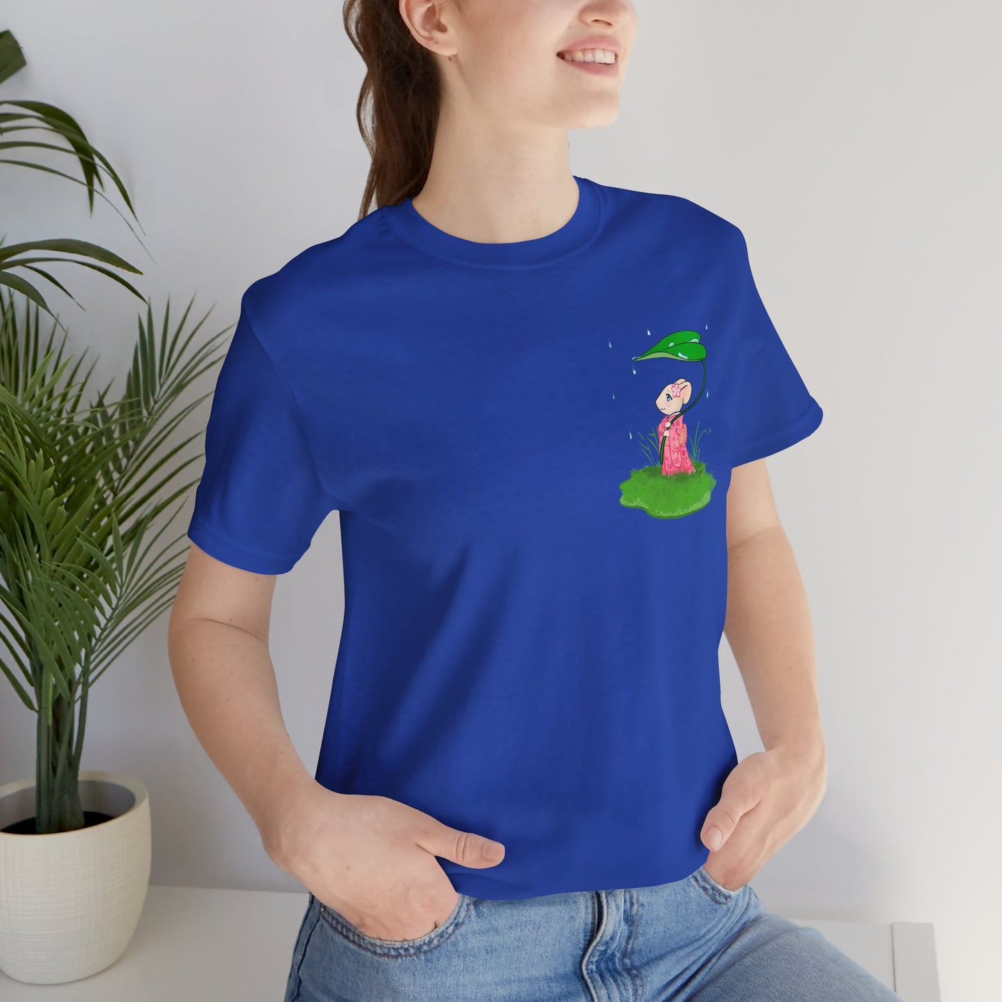 Sakura Mousie with a Leaf Umbrella on a Rainy Day - Super Soft Cotton Airlume Unisex T-Shirt (Small Pocket Graphic)