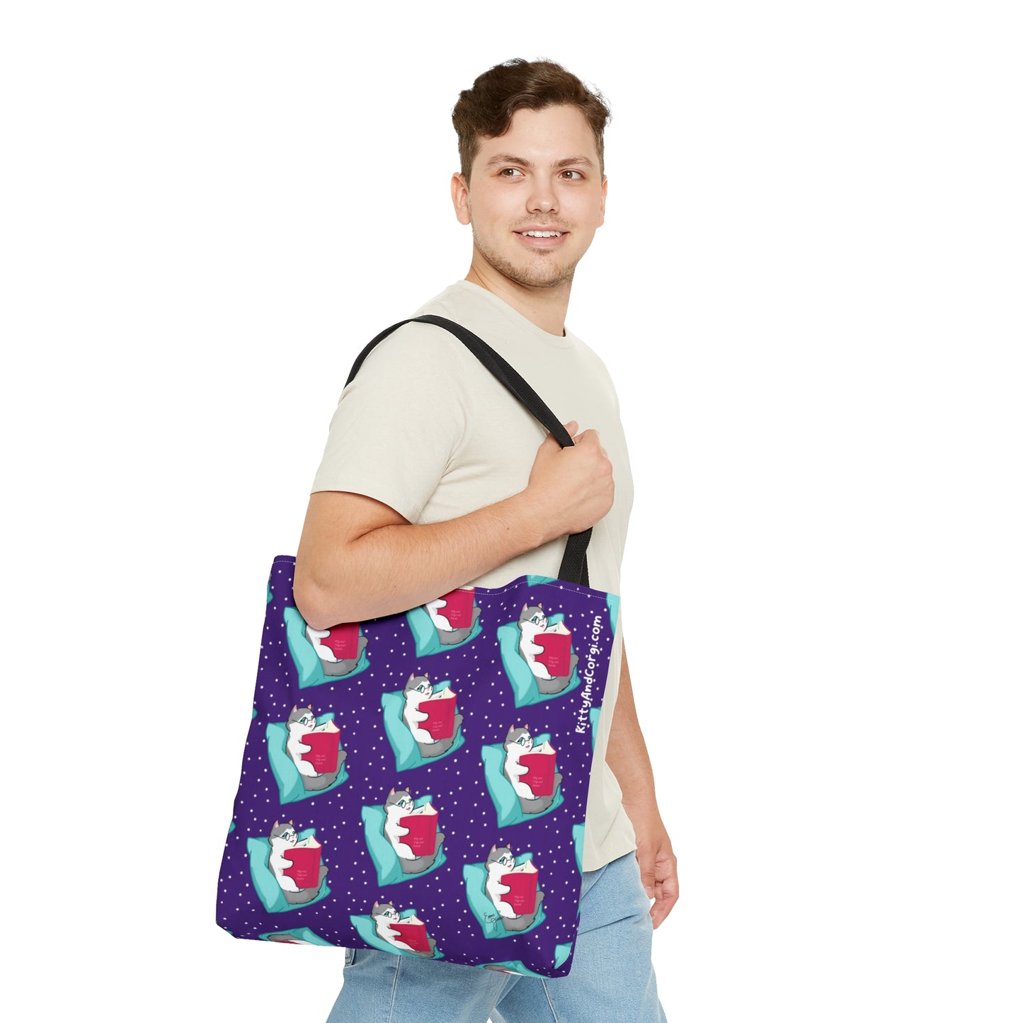 Kitty Reading a Book - Repeating Pattern in Dark Purple - Tote Bag (AOP)