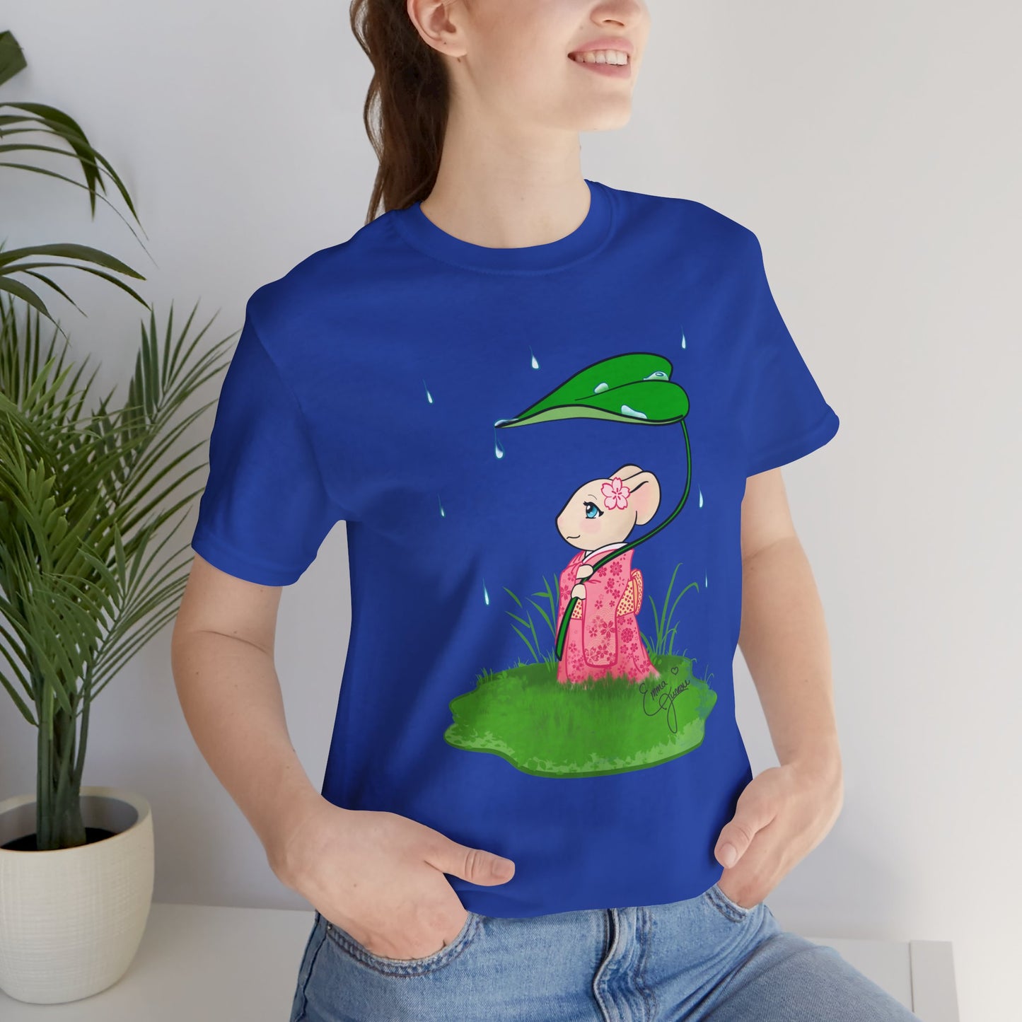 Sakura Mousie with a Leaf Umbrella on a Rainy Day - Super Soft Cotton Airlume Unisex T-Shirt (Large Graphic)