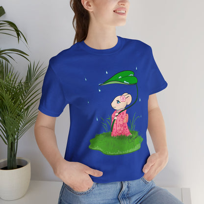 Sakura Mousie with a Leaf Umbrella on a Rainy Day - Super Soft Cotton Airlume Unisex T-Shirt (Large Graphic)