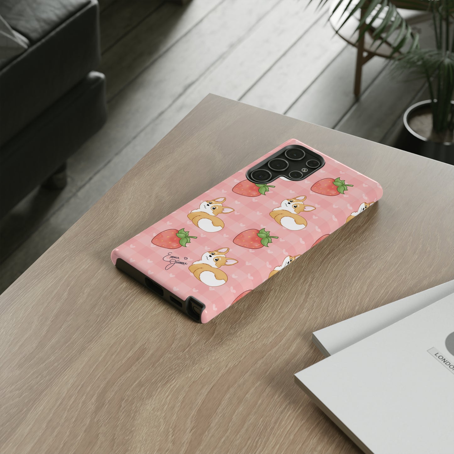 Corgi Butt and Strawberries Cute Pink Gingham Hearts Tough Case