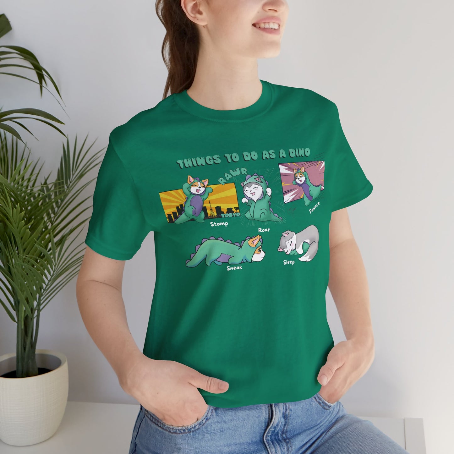 Kitty and Corgi - Things To Do As A Dino - Super Soft Cotton Airlume Unisex T-Shirt (Horizontal Graphic)