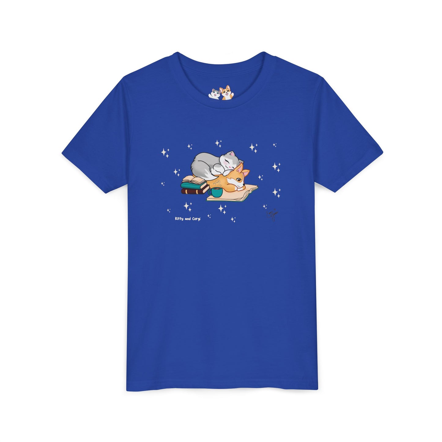 Youth Tee —  Kitty and Corgi Cuddles and Books - Unisex Youth/ Children's Graphic Tee