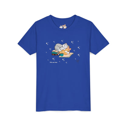 Youth Tee —  Kitty and Corgi Cuddles and Books - Unisex Youth/ Children's Graphic Tee