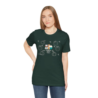 Kitty and Corgi - Pumpkin Spice and Everything Nice - Super Soft Cotton Airlume Unisex T-Shirt (Large Front Graphic)