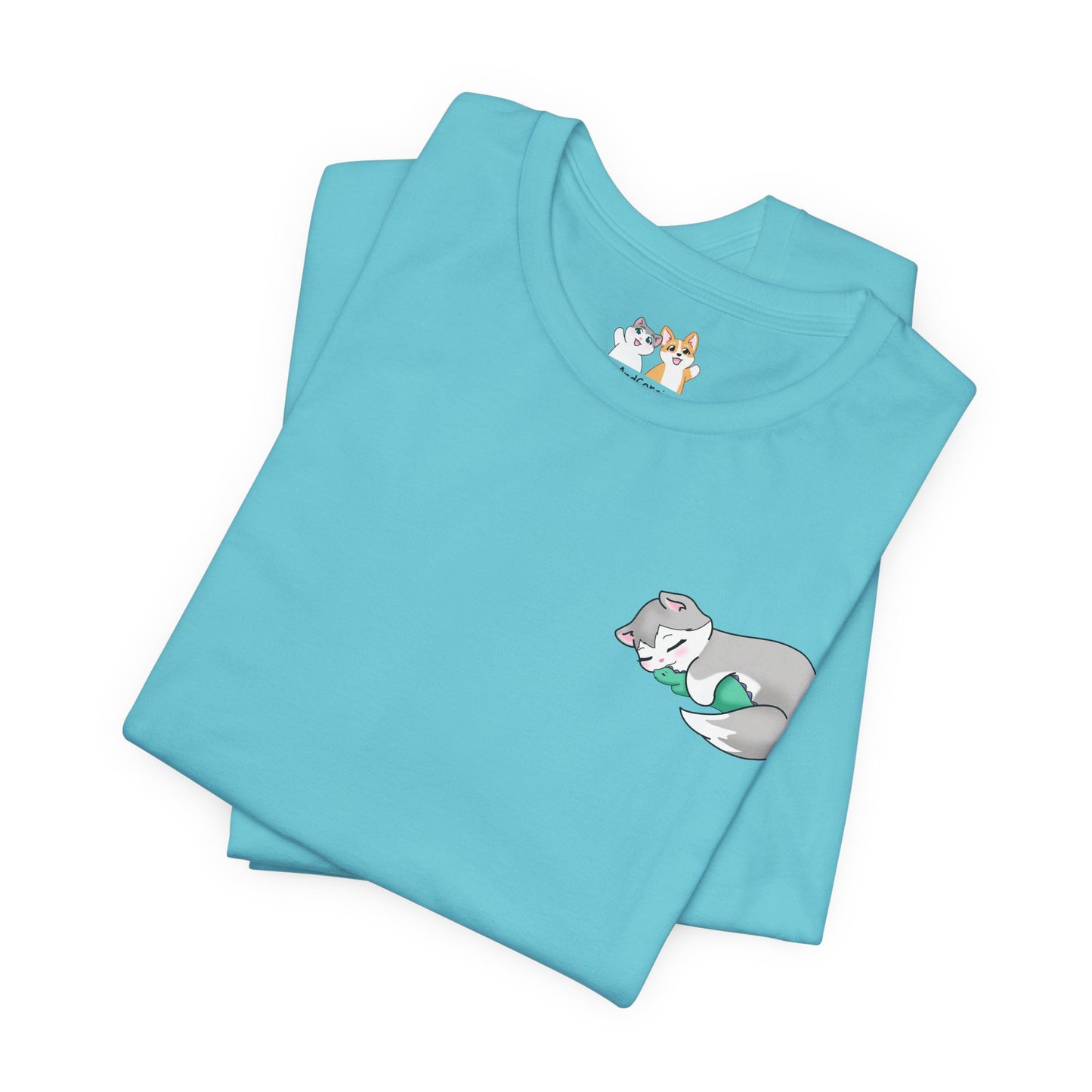 Kitty and Corgi — Sleepy Kitty Snuggling Her Dino Plushie — Super Soft Cotton Airlume Unisex T-Shirt