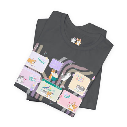Kitty and Corgi - Groovy Encouragement Compilation - Super Soft Cotton Airlume Unisex T-Shirt (Horizontal Graphic)