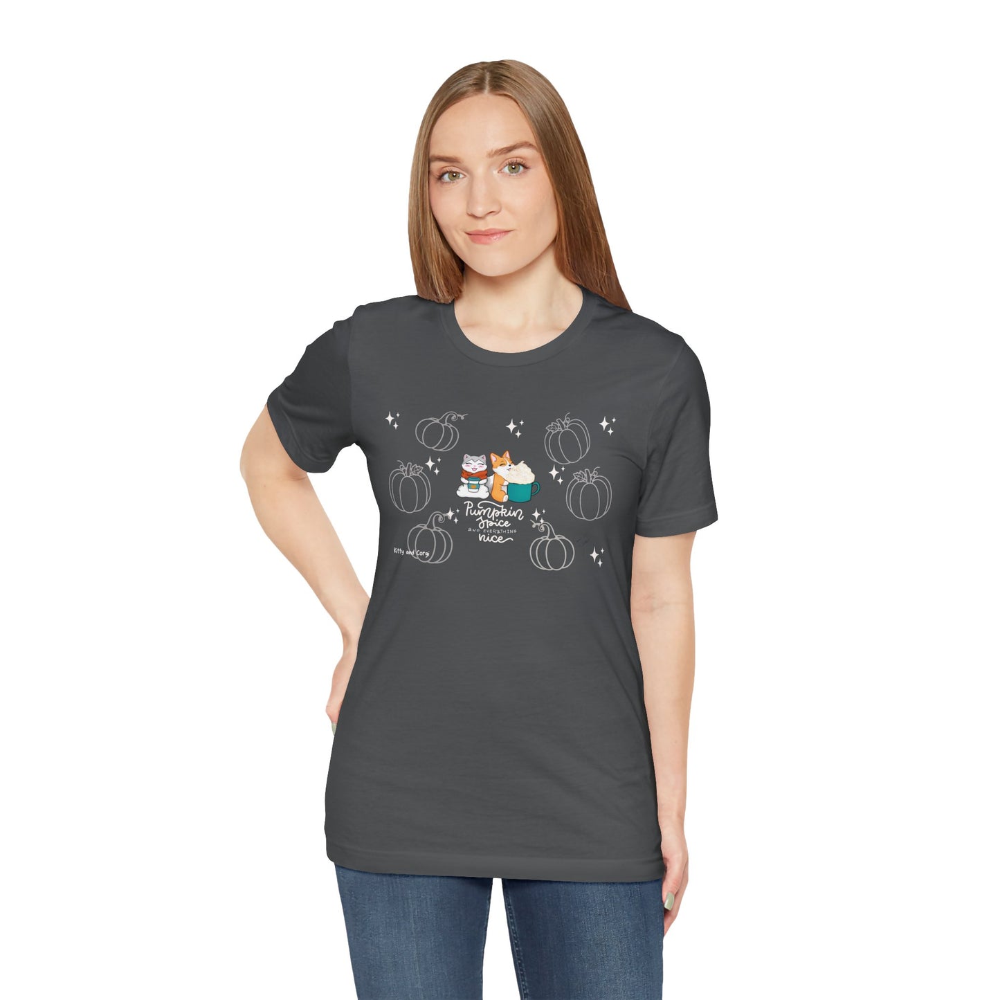 Kitty and Corgi - Pumpkin Spice and Everything Nice - Super Soft Cotton Airlume Unisex T-Shirt (Large Front Graphic)
