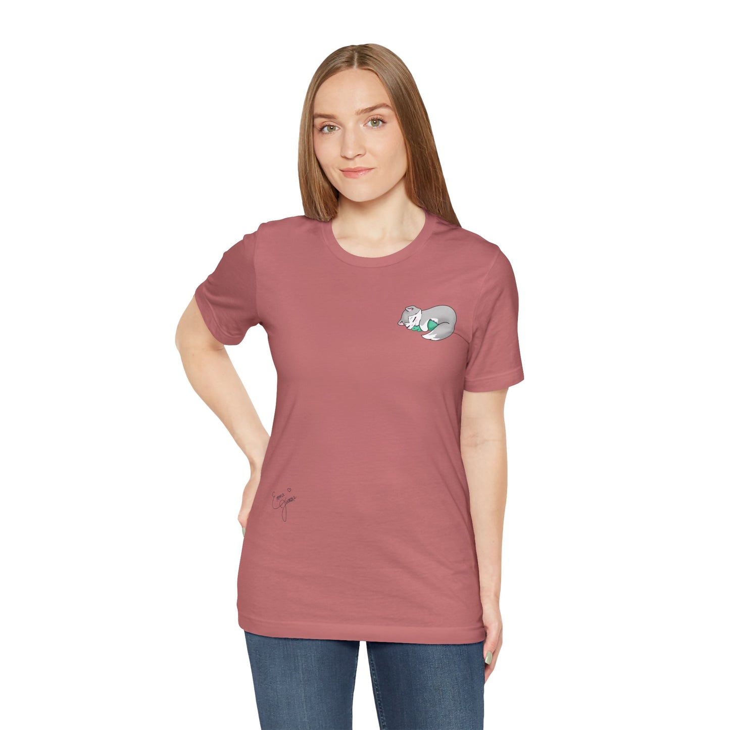 Kitty and Corgi — Sleepy Kitty Snuggling Her Dino Plushie — Super Soft Cotton Airlume Unisex T-Shirt