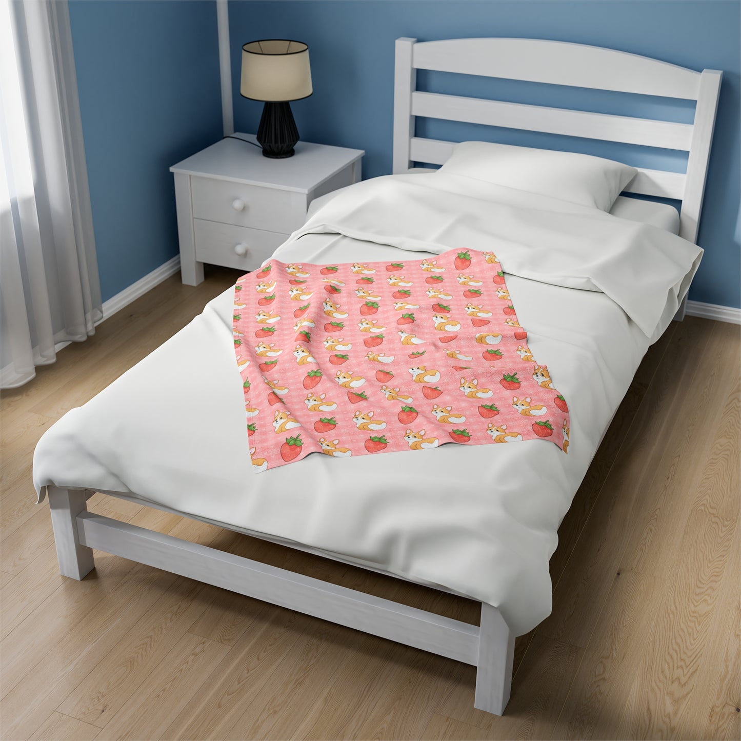 Corgi Butt and Strawberries Pink Gingham and Hearts Velveteen Plush Blanket