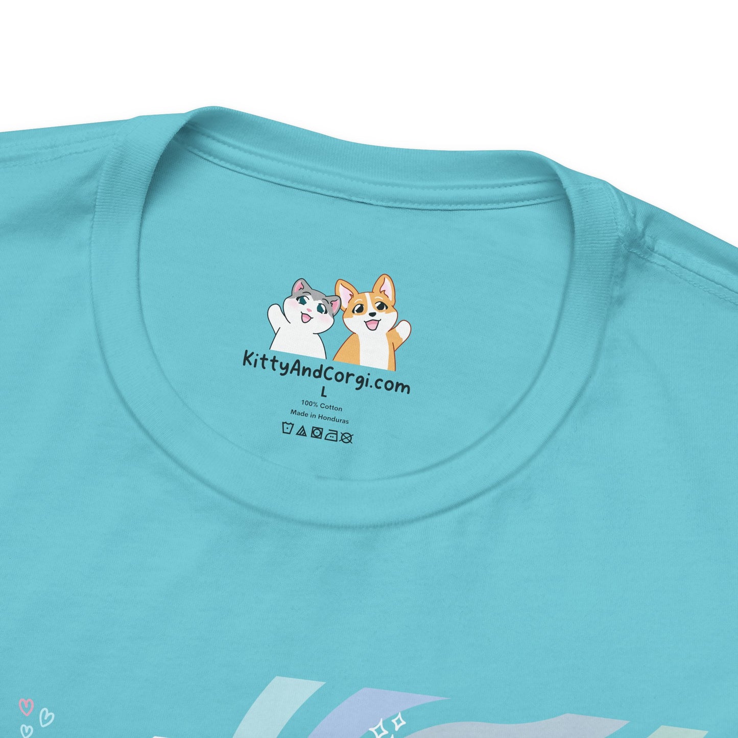 Kitty and Corgi - Groovy Encouragement Compilation - Super Soft Cotton Airlume Unisex T-Shirt (Horizontal Graphic)