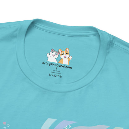 Kitty and Corgi - Groovy Encouragement Compilation - Super Soft Cotton Airlume Unisex T-Shirt (Horizontal Graphic)